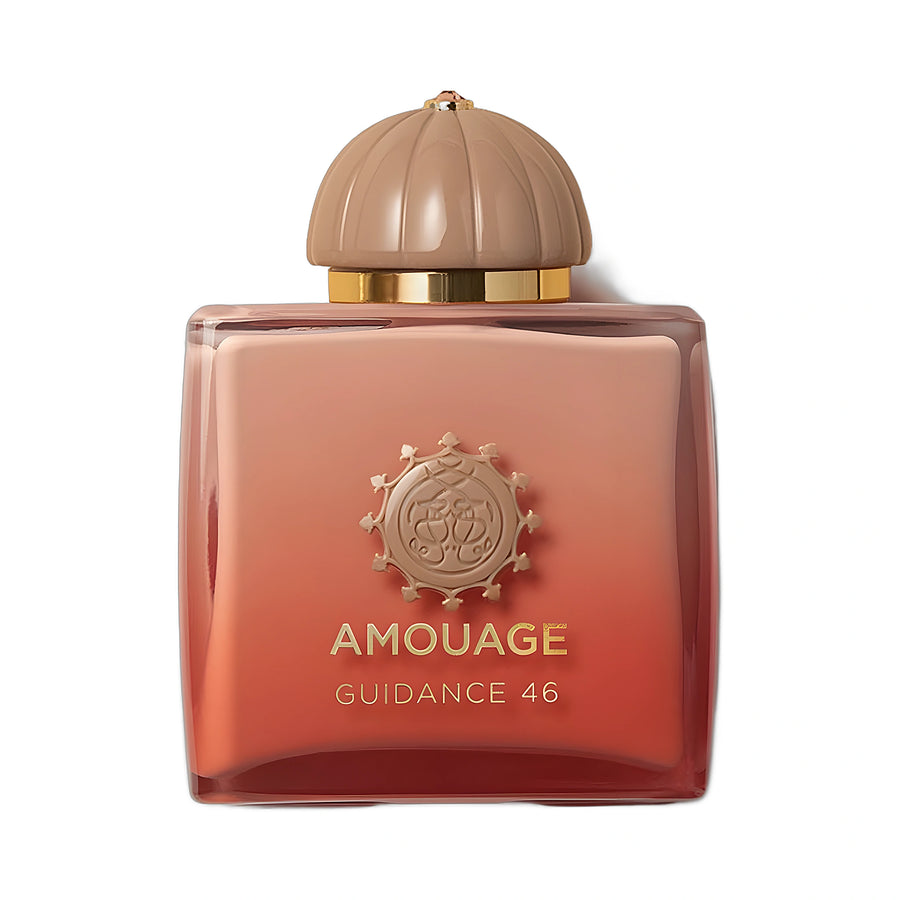AMOUAGE Guidance 46 Extrait de Parfum 100ml — flacon rouge dégradé sur fond blanc, extrait floral fruité de niche d'Oman