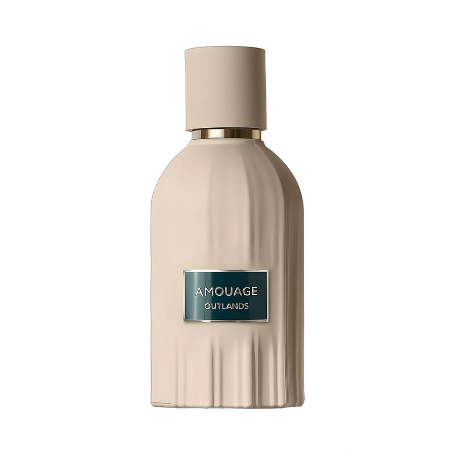 AMOUAGE Outlands Extrait de Parfum 100ml — flacon beige côtelé sur fond blanc, parfum oriental boisé de niche d'Oman