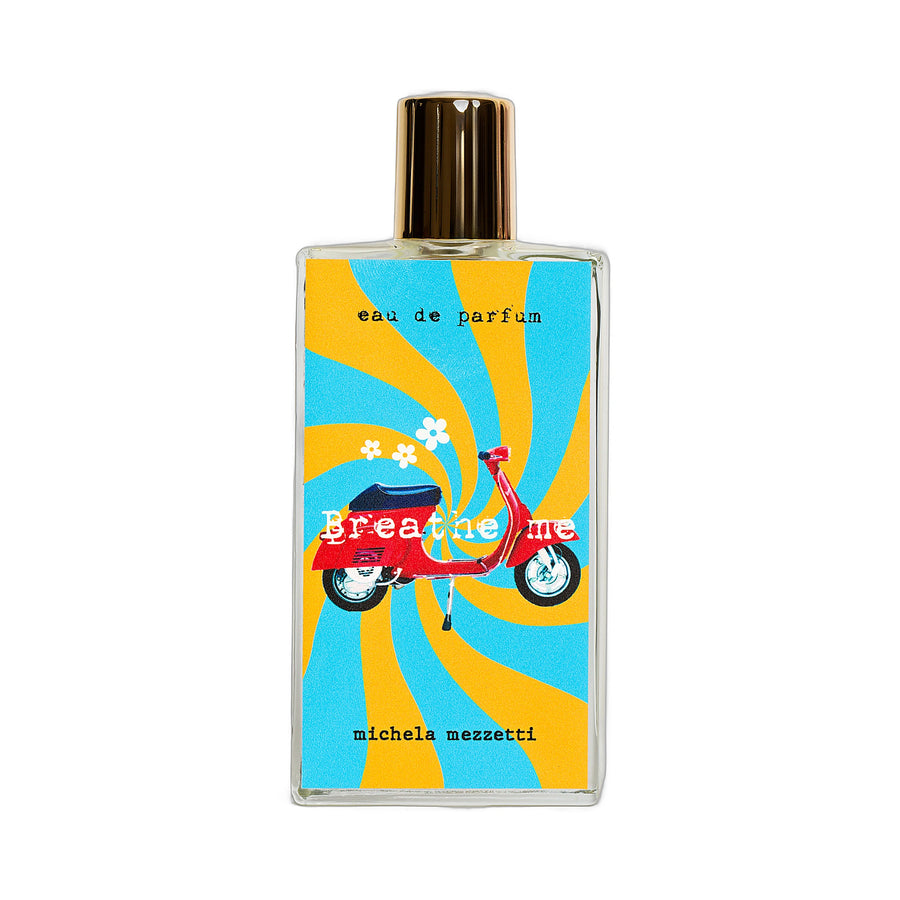 MICHELA MEZZETTI Breathe Me Eau de Parfum 100ml — flacon transparent décor vespa rouge sur fond bleu jaune, parfum niche italien aromatique frais