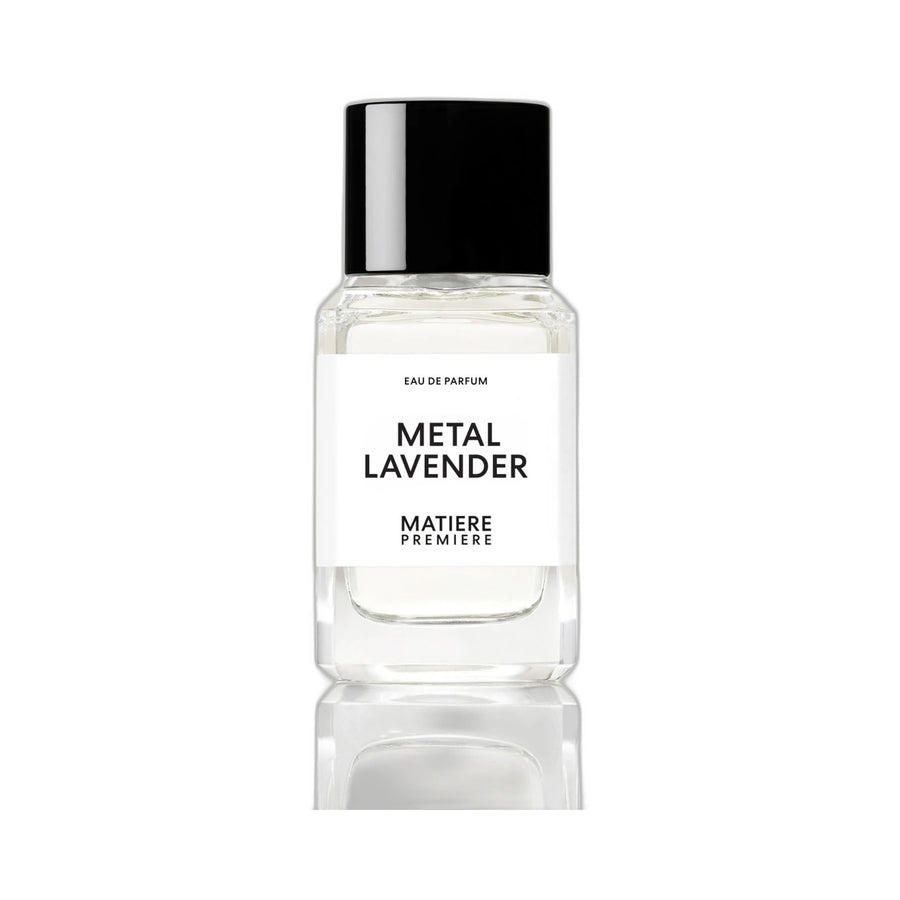 MATIÈRE PREMIÈRE Metal Lavender Eau de Parfum 100 ml — flacon rectangulaire bouchon noir laqué sur fond blanc, aromatique lavande, parfum niche de Grasse