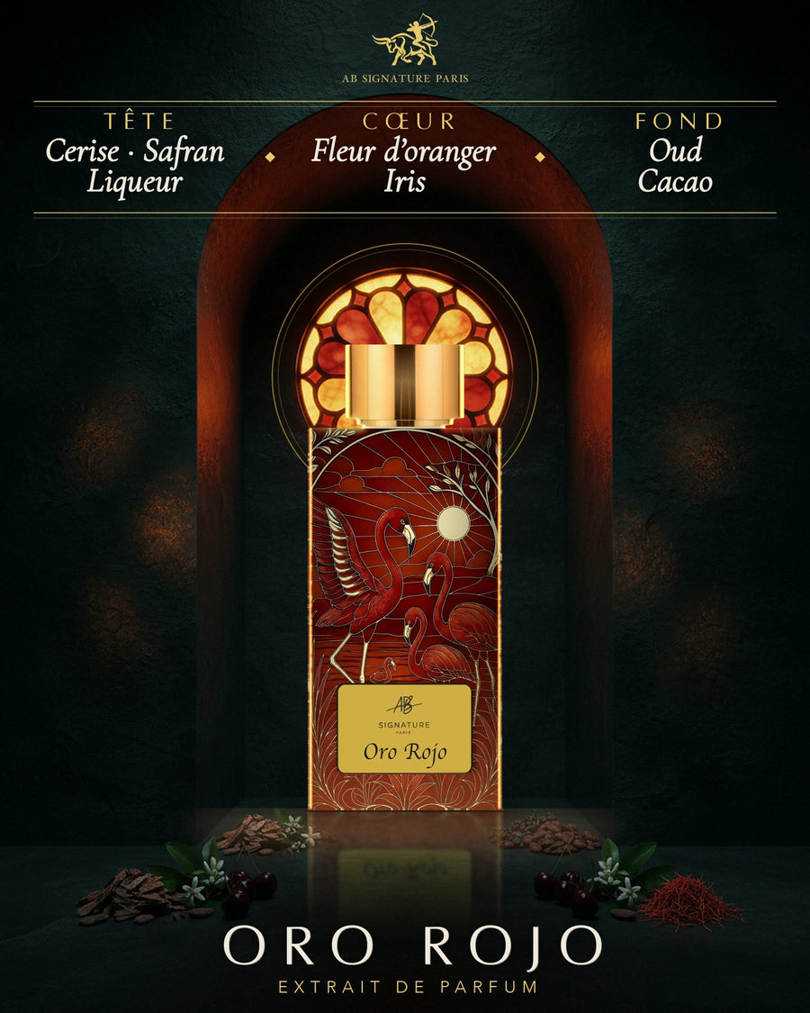 Ab Signature Paris — AB Signature Paris Oro Rojo Extrait de parfum : visuel de la sélection automne-hiver (flacon, notes de tête, de cœur et de fond)