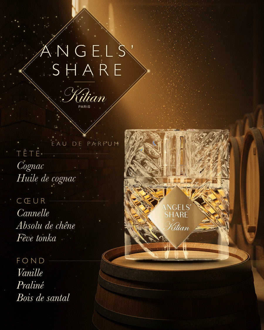 By Kilian — By Kilian Angel’s Share Eau de parfum : visuel de la sélection automne-hiver (flacon, notes de tête, de cœur et de fond)
