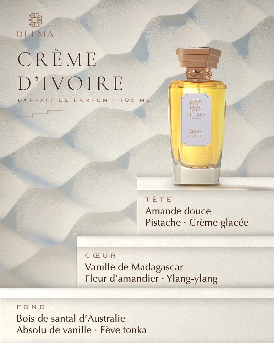 Delma Parfums — DELMA PARFUMS Crème d'Ivoire Extrait de Parfum : visuel de la sélection automne-hiver (flacon, notes de tête, de cœur et de fond)