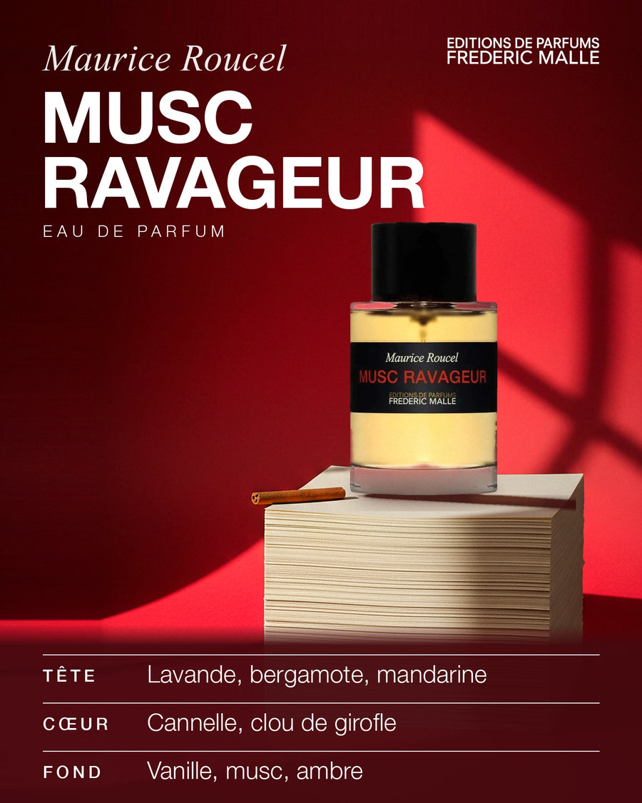 Frédéric Malle — FRÉDÉRIC MALLE Musc Ravageur Eau de Parfum : visuel de la sélection automne-hiver (flacon, notes de tête, de cœur et de fond)