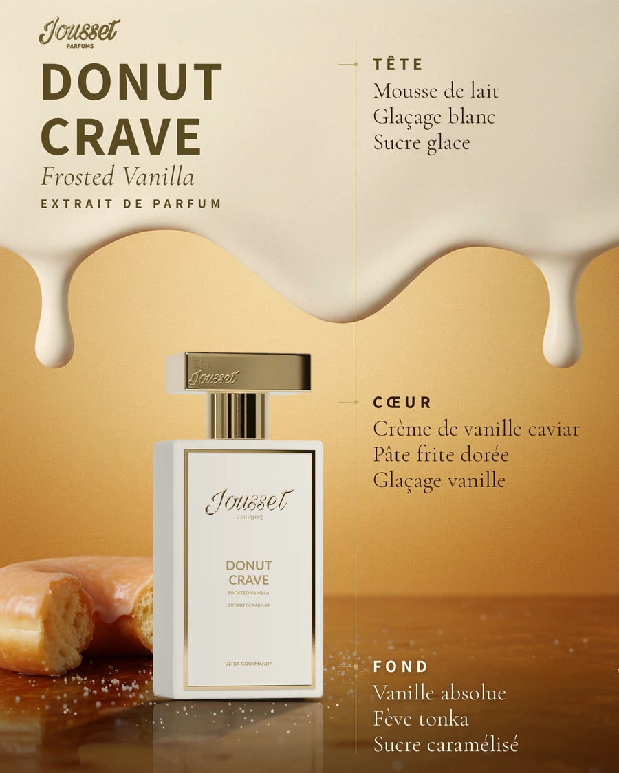Jousset Parfums — Jousset Parfums Donut Crave Frosted Vanilla Extrait de Parfum : visuel de la sélection automne-hiver (flacon, notes de tête, de cœur et de fond)