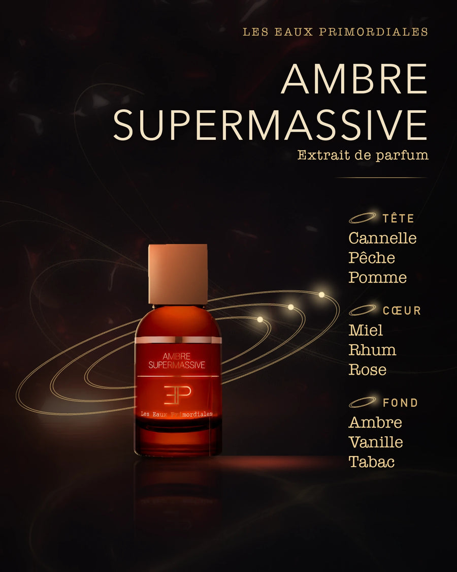 Les Eaux Primordiales — Les Eaux Primordiales Ambre Supermassive Extrait de parfum : visuel de la sélection automne-hiver (flacon, notes de tête, de cœur et de fond)