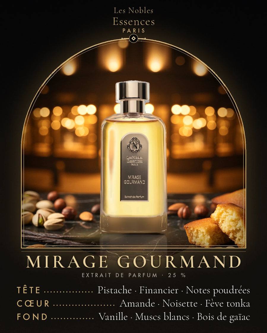 Les Nobles Essences — LES NOBLES ESSENCES Mirage Gourmand Extrait de Parfum : visuel de la sélection automne-hiver (flacon, notes de tête, de cœur et de fond)