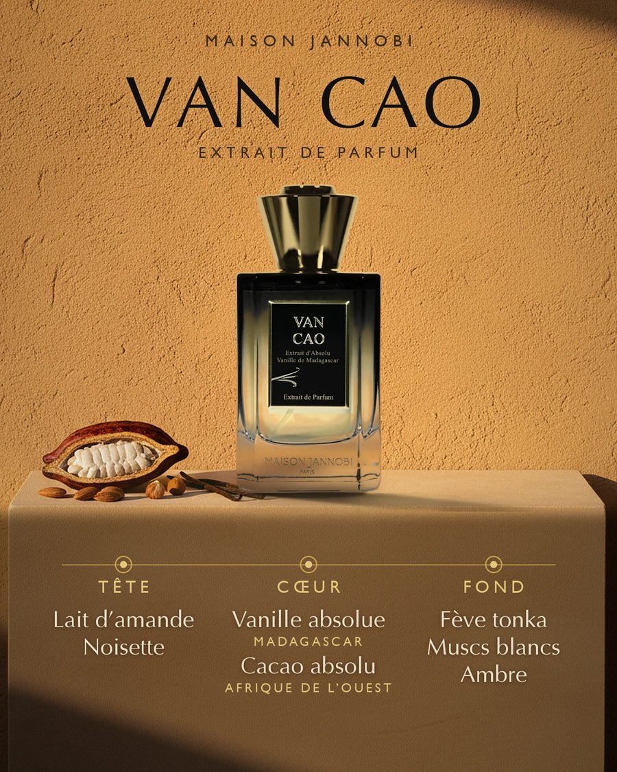 Maison Jannobi — MAISON JANNOBI Van Cao Extrait de Parfum : visuel de la sélection automne-hiver (flacon, notes de tête, de cœur et de fond)