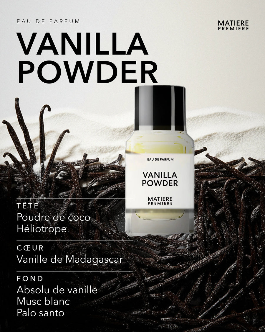 Matière Première — Matiere Première Vanilla Powder Eau de parfum : visuel de la sélection automne-hiver (flacon, notes de tête, de cœur et de fond)