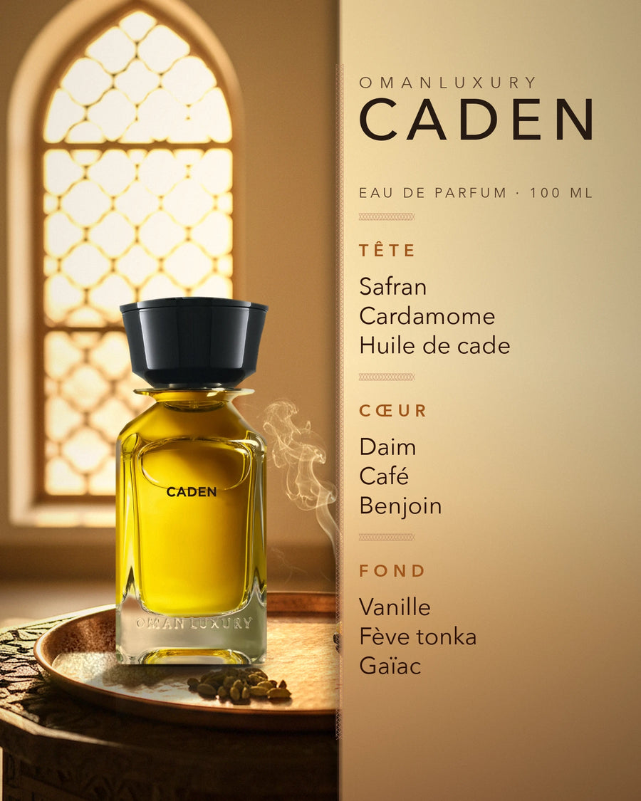 Oman Luxury — Oman luxury Caden eau de parfum : visuel de la sélection automne-hiver (flacon, notes de tête, de cœur et de fond)