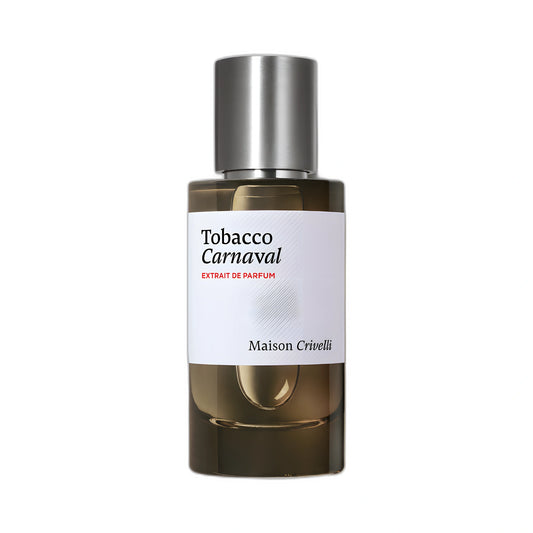 Maison Crivelli Tobacco Carnaval Extrait de Parfum Flacon 50ml — flacon en verre fumé, capot argent et étiquette blanche, sur fond blanc