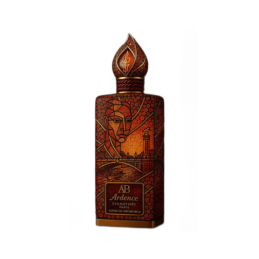 AB SIGNATURE PARIS Ardence Extrait de Parfum 100ml flacon mosaïque rouge ardent capuchon flamme dorée fond blanc