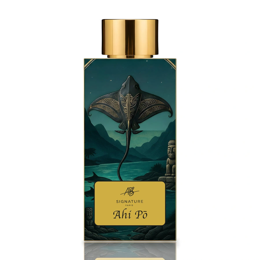 AB Signature Paris Ahi Pō Extrait de Parfum 50ml — flacon noir raie manta polynésienne tikis lagon nuit étoilée cartouche or