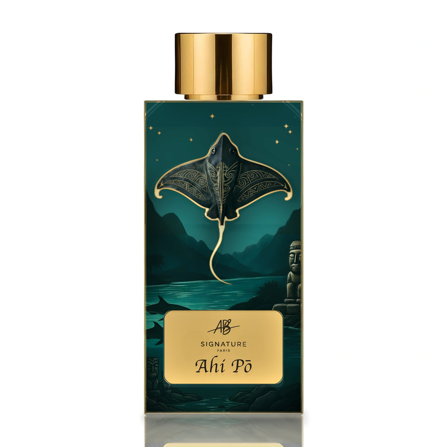 AB Signature Paris Ahi Pō Extrait de Parfum 50ml — flacon noir raie manta polynésienne tikis lagon nuit étoilée cartouche or