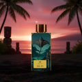 Ahi Pō AB Signature Paris — flacon noir sable volcanique tikis basalte sunset crimson cocotier cartouche or visible