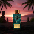 Ahi Pō AB Signature Paris — flacon noir sable volcanique tikis basalte sunset crimson cocotier cartouche or visible