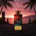 Ahi Pō AB Signature Paris — flacon noir sable volcanique tikis basalte sunset crimson cocotier cartouche or visible