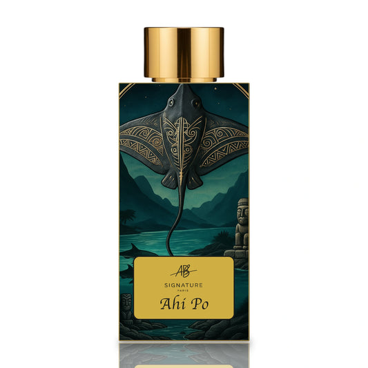 AB Signature Paris Ahi Pō Extrait de Parfum 50ml — flacon noir raie manta polynésienne tikis lagon nuit étoilée cartouche or