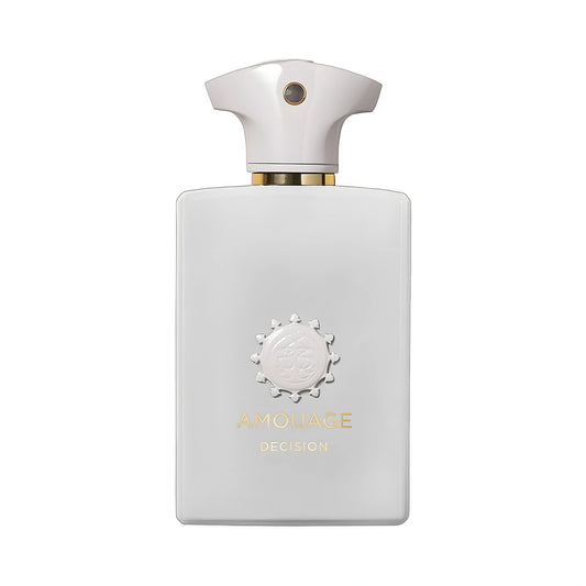 AMOUAGE Decision Eau de Parfum 100ml — flacon blanc nacré sur fond blanc, parfum boisé aromatique de niche d'Oman