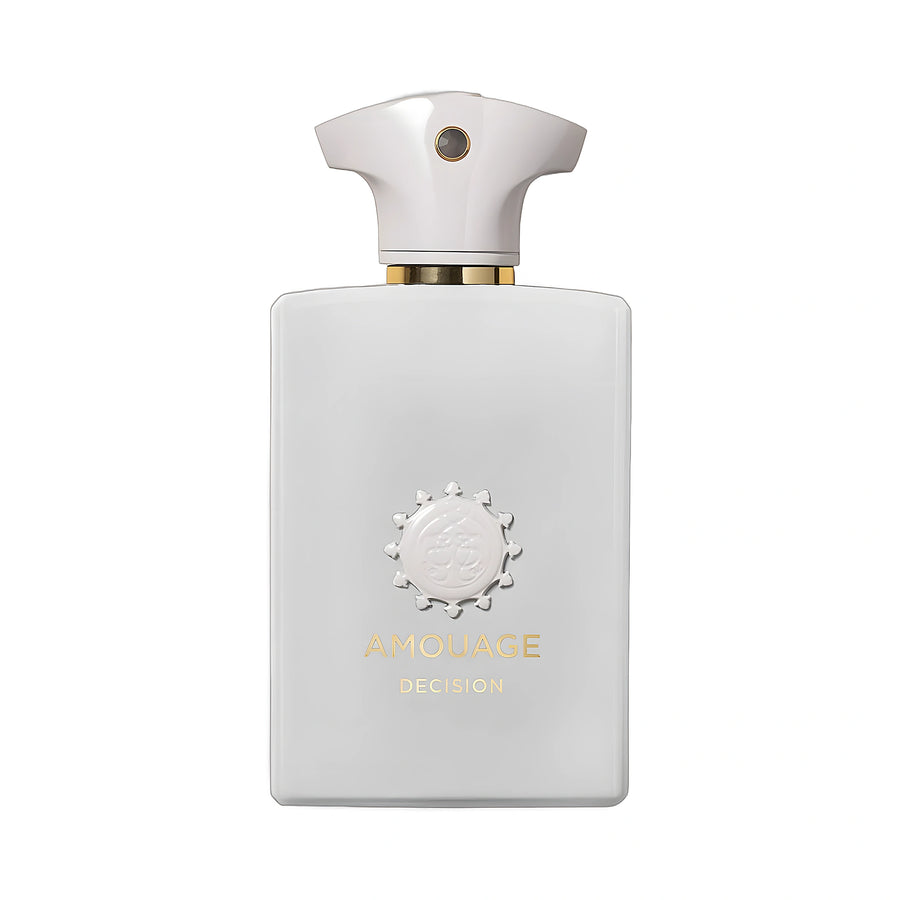 AMOUAGE Decision Eau de Parfum 100ml — flacon blanc nacré sur fond blanc, parfum boisé aromatique de niche d'Oman