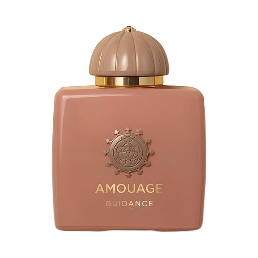 AMOUAGE Guidance Eau de Parfum 100ml — flacon rose poudré sur fond blanc, parfum floral fruité de niche d'Oman