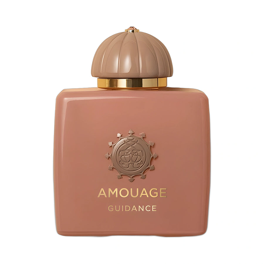 AMOUAGE Guidance Eau de Parfum 100ml — flacon rose poudré sur fond blanc, parfum floral fruité de niche d'Oman