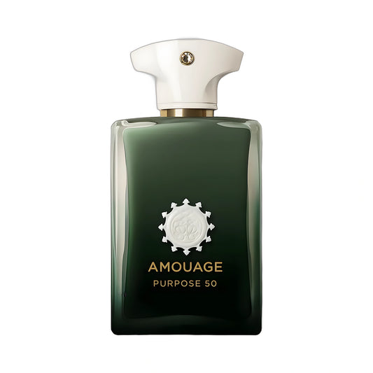 AMOUAGE Purpose 50 Extrait de Parfum 100ml — flacon vert profond dégradé sur fond blanc, Exceptional Extrait boisé épicé de niche d'Oman