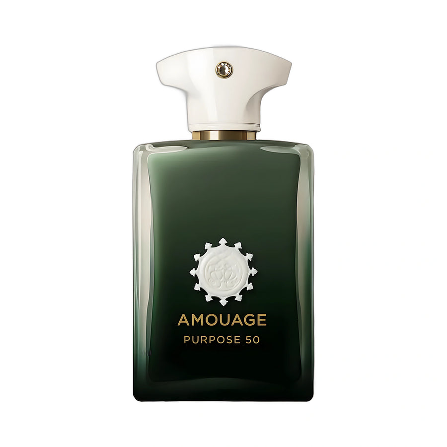 AMOUAGE Purpose 50 Extrait de Parfum 100ml — flacon vert profond dégradé sur fond blanc, Exceptional Extrait boisé épicé de niche d'Oman