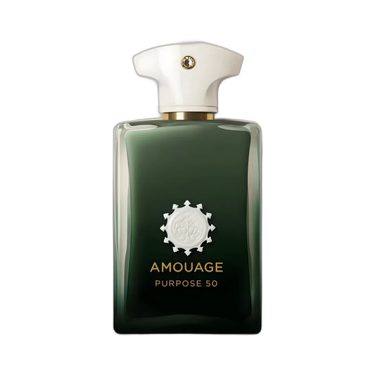 AMOUAGE Purpose 50 Extrait de Parfum 100ml — flacon vert profond bouchon blanc et médaillon argent, boisé épicé oliban santal, parfum niche Oman