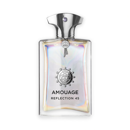 AMOUAGE Reflection 45 Extrait de Parfum 100ml — flacon nacré iridescent, cap chrome cristal améthyste, parfum boisé floral musqué niche d'Oman