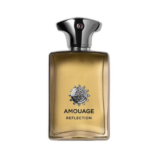 AMOUAGE Reflection Man Eau de Parfum 100ml — flacon transparent juice doré, capuchon argent poli, parfum boisé floral musqué de niche d'Oman