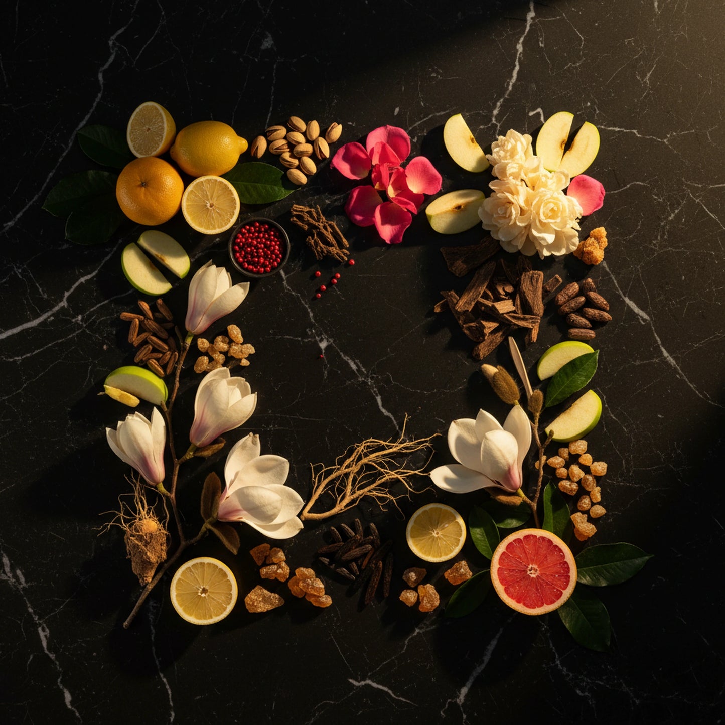 Badar Oriental Rida Extrait de Parfum - Ingrédients flat-lay | PlanèteBeauty