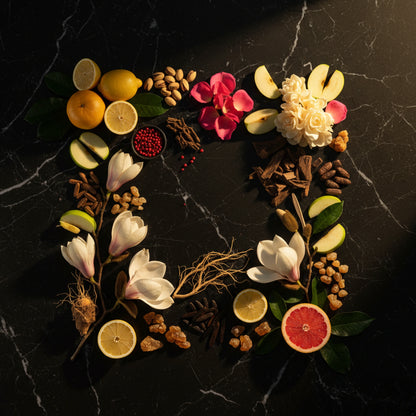 Badar Oriental Rida Extrait de Parfum - Ingrédients flat-lay | PlanèteBeauty