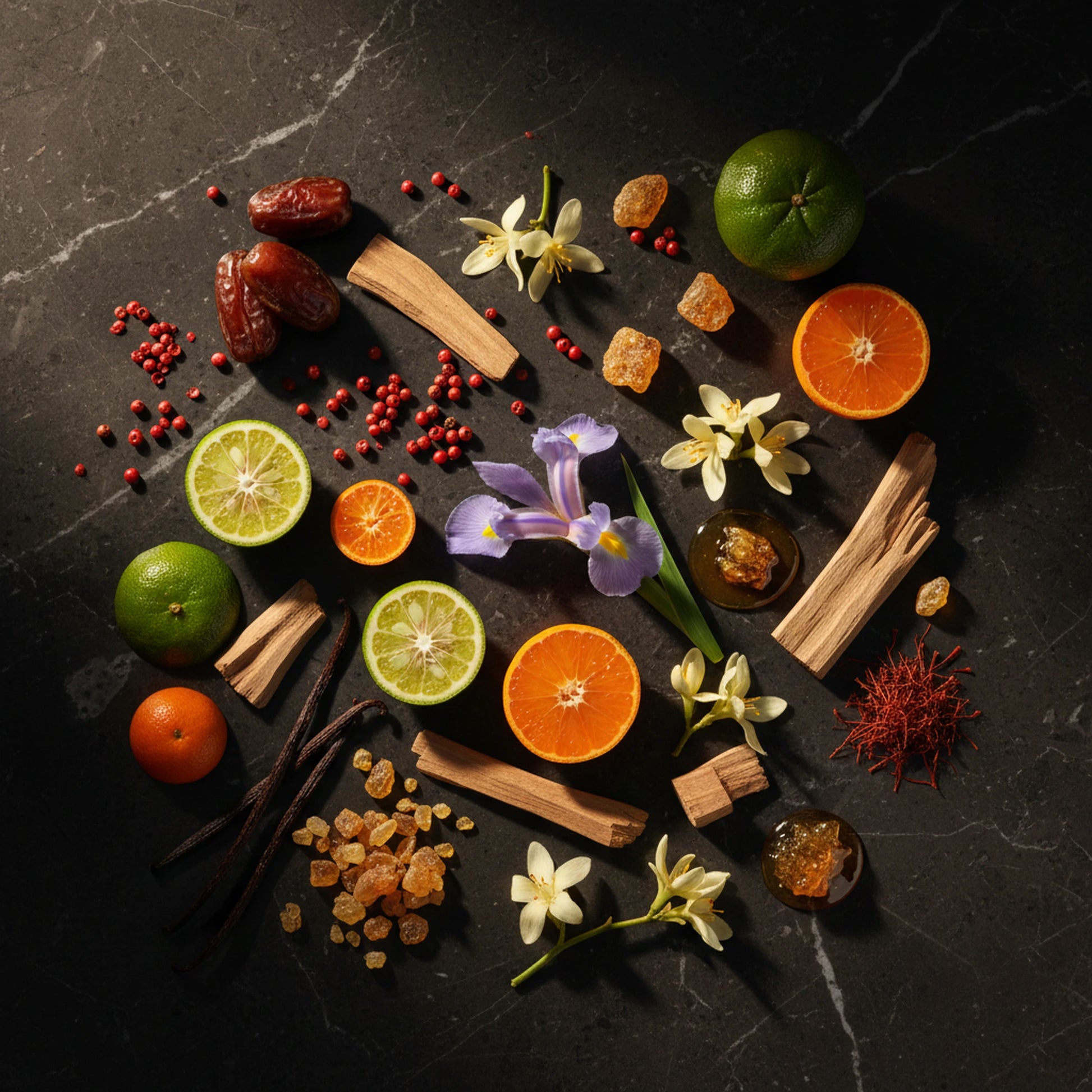 Badar Rouge Éclat Extrait de Parfum - Ingrédients flat-lay | PlanèteBeauty