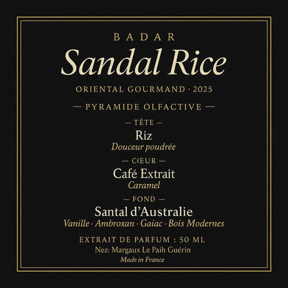 Pyramide olfactive Badar Sandal Rice Oriental Gourmand tête cœur fond