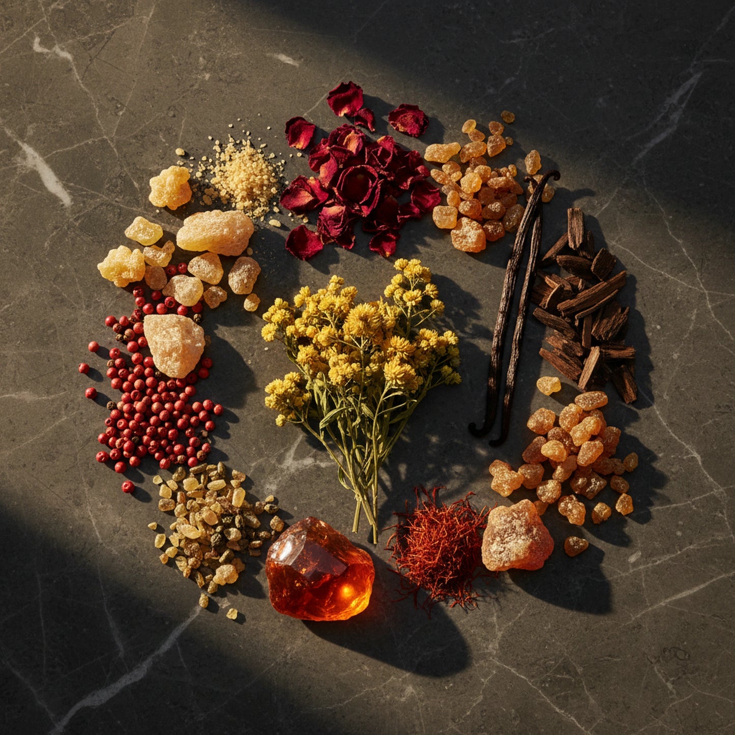 Badar Sinaï Extrait de Parfum - Ingrédients flat-lay | PlanèteBeauty