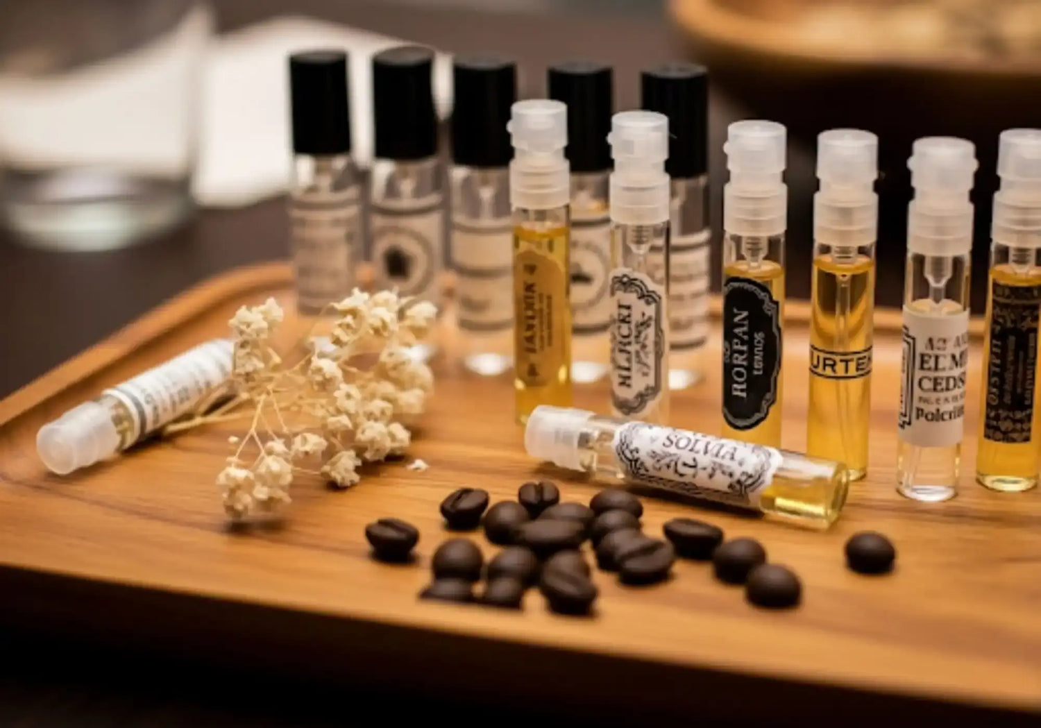 Une collection de petits flacons d'échantillons de parfum avec des grains de café et des fleurs séchées.