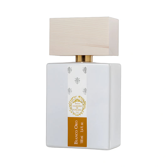 GIARDINI DI TOSCANA Bianco Oro Eau de Parfum 100ml — flacon blanc nacré armoirie dorée, parfum niche oriental épicé italien Toscane