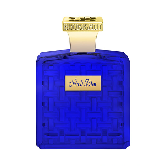 HOUBIGANT Néroli Bleu Eau de Parfum Extrême 100ml — flacon bleu cobalt motif tressé sur fond blanc, parfum hespéridé floral de niche, collection Côte d'Azur