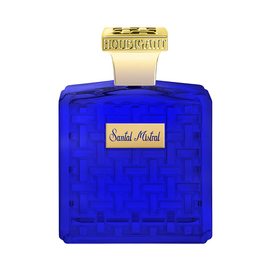 HOUBIGANT Santal Mistral Eau de Parfum Extrême 100ml — flacon bleu cobalt motif tressé sur fond blanc, parfum boisé ambré de niche, collection Côte d'Azur