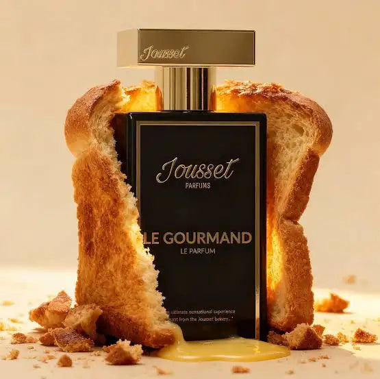 Un flacon de parfum rectangulaire noir élégant avec un bouchon doré et des lettres argentées, marqué « jousset parfums le gourmand », niché entre deux tranches de pain grillé.
