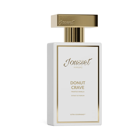 Jousset Parfums Donut Crave Frosted Vanilla Extrait de Parfum 50 ml — flacon blanc à bouchon doré sur fond blanc, gourmand vanillé, Ultra-Gourmand
