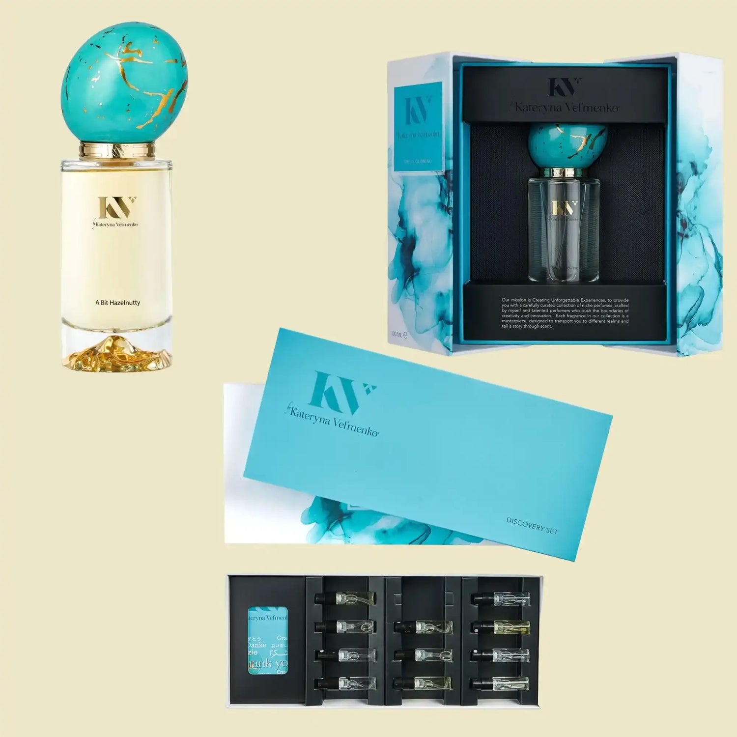 Un flacon de parfum avec un bouchon en forme d'œuf de couleur aqua, ainsi qu'un coffret cadeau assorti et une collection d'échantillons.