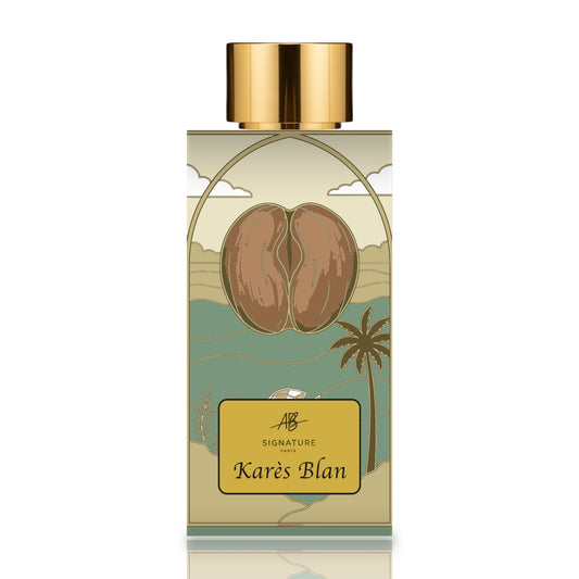 AB Signature Paris Karès Blan Extrait de Parfum 50ml — flacon ivoire face cartouche coco-fesse Seychelles bouchon cylindrique doré reflet sol