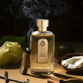 LES NOBLES ESSENCES Mirage Exotique Extrait de Parfum — flacon sur fond sombre traversé de fumée, bois de santal, noix de coco et gousses de vanille