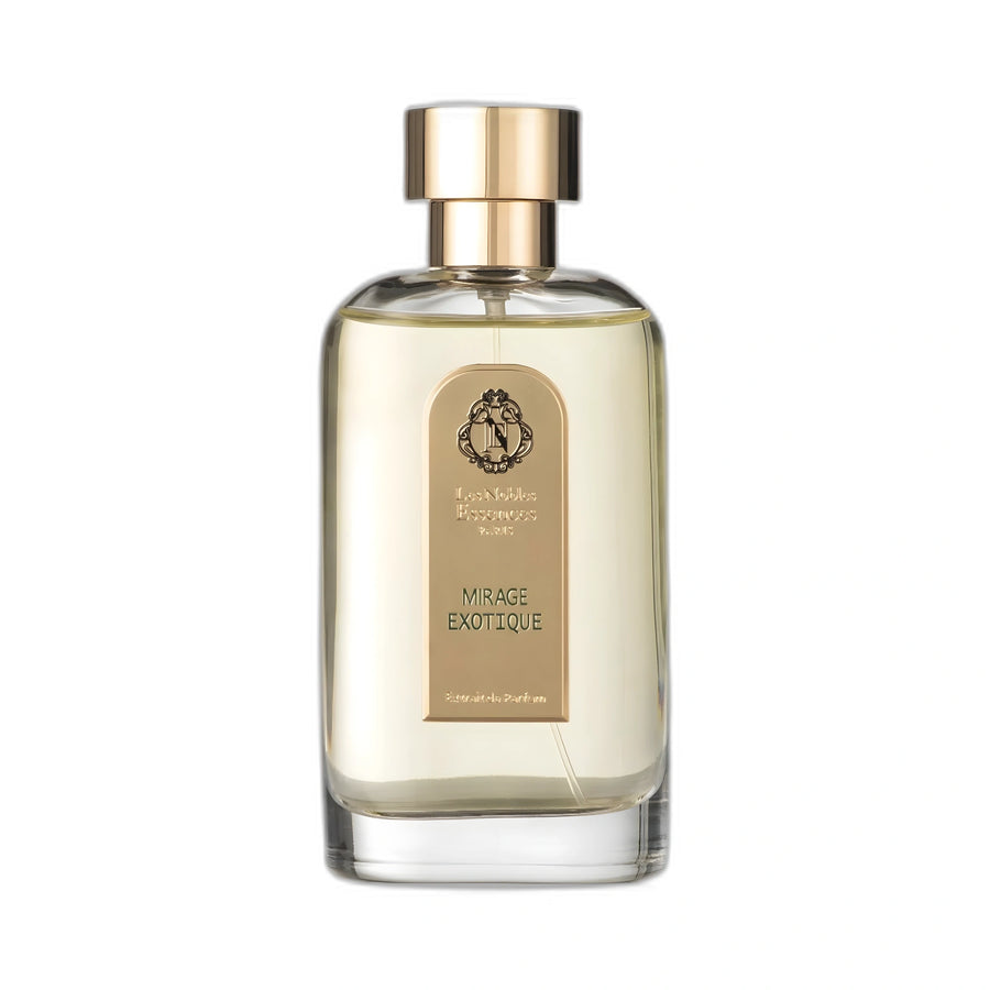 LES NOBLES ESSENCES Mirage Exotique Extrait de Parfum 100 ml — flacon transparent à bouchon doré sur fond blanc, fruité solaire boisé, parfumerie française