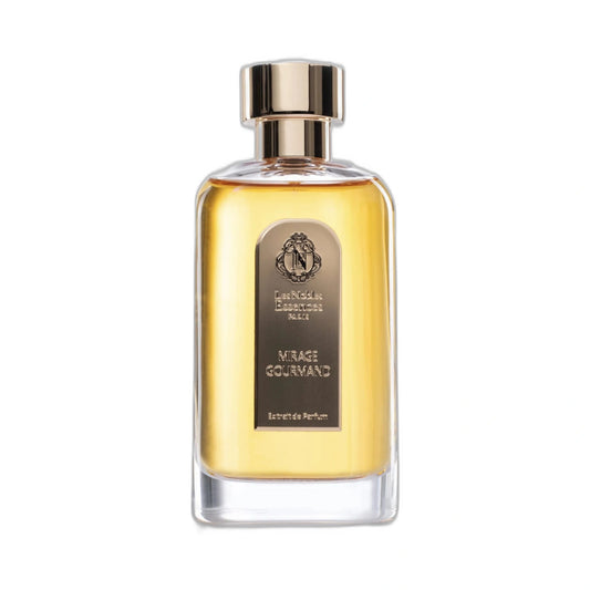LES NOBLES ESSENCES Mirage Gourmand Extrait de Parfum 100 ml — flacon transparent à bouchon doré sur fond blanc, gourmand amandé, parfumerie française