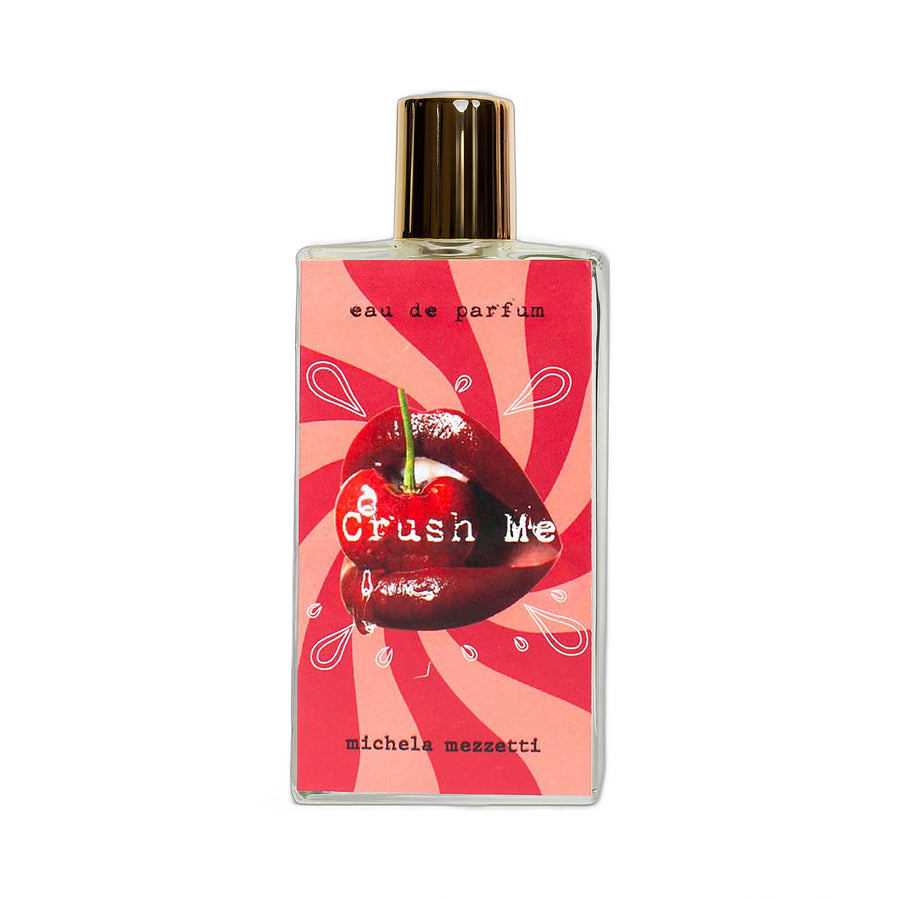 MICHELA MEZZETTI Crush Me Eau de Parfum 100ml — flacon transparent décor pop rouge cerise nom Crush Me, parfum niche italien gourmand fruité