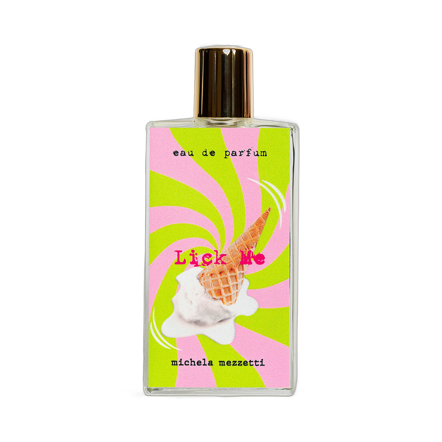 MICHELA MEZZETTI Lick Me Eau de Parfum 100ml — flacon transparent décor pop vert rose nom Lick Me, parfum niche italien gourmand vanille