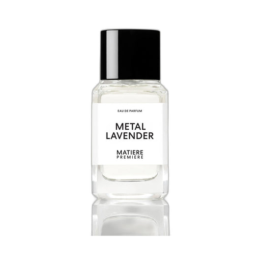 MATIÈRE PREMIÈRE Metal Lavender Eau de Parfum 100 ml — flacon rectangulaire bouchon noir laqué sur fond blanc, aromatique lavande, parfum niche de Grasse